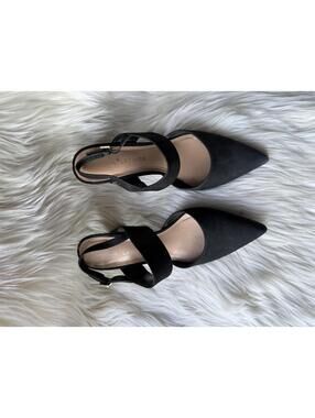 Gibson Latimer Black Pointed Toe Slingback Heels with Snake Print Block Heel